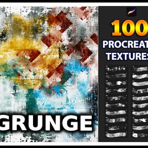 May include: 100 Grunge Procreate Textures. A digital illustration of a colorful abstract background with a grunge effect. The image includes a black and white grid of 100 different grunge textures.