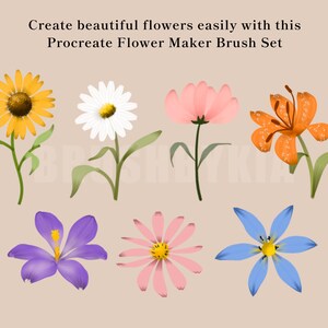 May include: A set of 8 digital flower brushes for Procreate. The brushes create a variety of flowers in different colors, including yellow, white, pink, orange, purple, and blue.