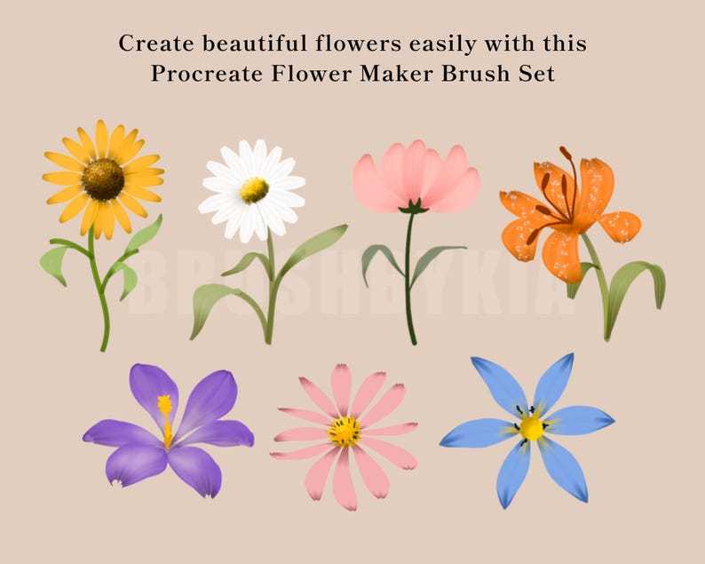May include: A set of 8 digital flower brushes for Procreate. The brushes create a variety of flowers in different colors, including yellow, white, pink, orange, purple, and blue.
