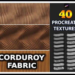 May include: 40 Procreate Textures: Corduroy Fabric. A set of 40 digital textures for use in the Procreate app. The textures are designed to look like corduroy fabric in various shades of brown.