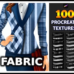 Peut inclure: 100 Textures Procreate Tissus: Illustration numérique d'une femme portant un blazer bleu avec différents motifs de tissus de chaque côté. L'image montre également une collection de 100 textures de tissus à utiliser dans Procreate.
