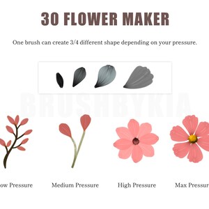 May include: Illustration showing how to create different flower shapes using a single brush with varying pressure. The image shows four flower shapes: a small, simple flower with low pressure, a slightly larger flower with medium pressure, a larger flower with high pressure, and a fully formed flower with maximum pressure.