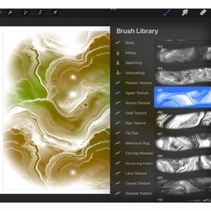 K&ouml;nnte beinhalten: Eine digitale Kunstprogrammoberfl&auml;che mit einem abstrakten Design in Gr&uuml;n, Wei&szlig; und Braun. Das Panel "Pinselbibliothek" zeigt Texturoptionen, darunter "Achat-Textur" und andere Muster f&uuml;r die Erstellung digitaler Kunst.