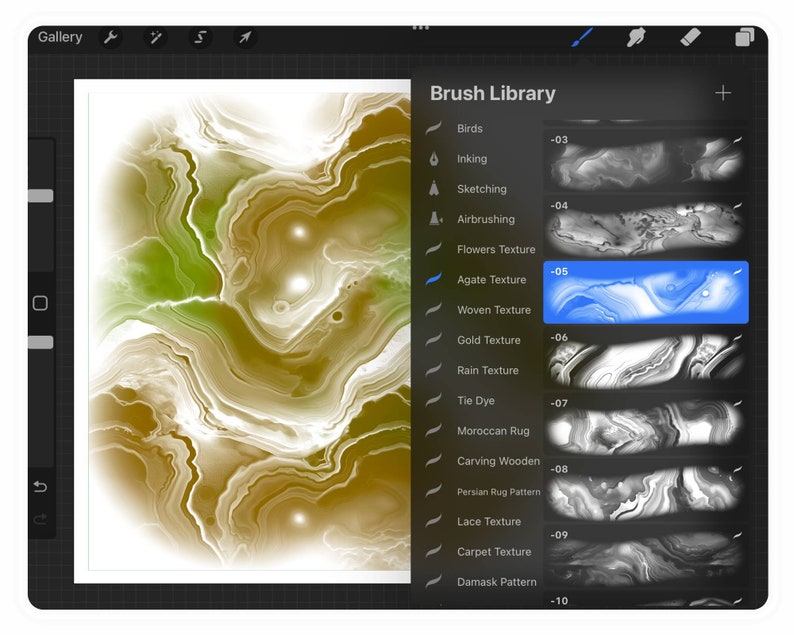 K&ouml;nnte beinhalten: Eine digitale Kunstprogrammoberfl&auml;che mit einem abstrakten Design in Gr&uuml;n, Wei&szlig; und Braun. Das Panel "Pinselbibliothek" zeigt Texturoptionen, darunter "Achat-Textur" und andere Muster f&uuml;r die Erstellung digitaler Kunst.