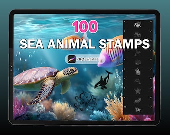 100 Procreate Sea Animal Stamps, Marine Life, Ocean Doodle Stamp, Underwater Stamp Brushes