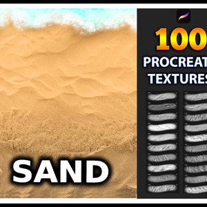Op de afbeelding: Een digitale illustratie van zand met een blauwe golf aan de bovenkant. De afbeelding is gelabeld met "SAND" en "100 PROCREATE TEXTURES". Er zijn 20 kleine afbeeldingen van zandtexturen in zwart-wit.