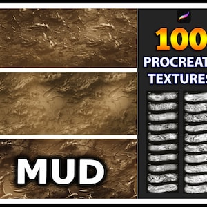May include: 100 Procreate Textures: Mud. A set of 100 digital textures for use in the Procreate app. The textures are all brown and gray and have a muddy, textured look.