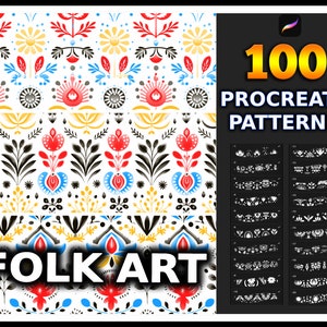 Puede incluir: 100 Patrones Procreate Folk Art: Una descarga digital de 100 patrones sin costuras con un estilo de arte popular con flores coloridas, hojas y formas geométricas. Los patrones son perfectos para crear fondos, texturas y diseños para arte digital, manualidades y más.