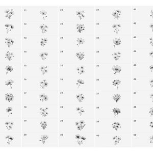 May include: Fifty black and white illustrations of various flower arrangements, each with a different design. The illustrations are numbered from 1 to 50.