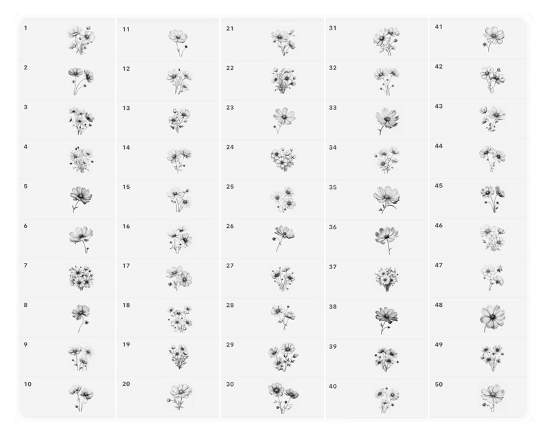 May include: Fifty black and white illustrations of various flower arrangements, each with a different design. The illustrations are numbered from 1 to 50.