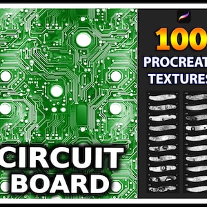 Puede incluir: Una ilustración digital de una placa de circuito verde con el texto "CIRCUIT BOARD" en blanco. La imagen es parte de un conjunto de 100 texturas de Procreate.