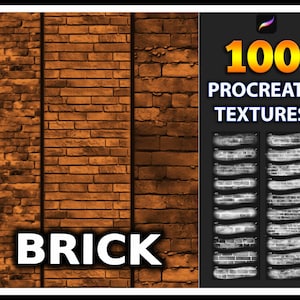 May include: 100 Procreate Brick Textures. A set of 100 digital textures for use in Procreate, featuring a variety of brick patterns in black and white.