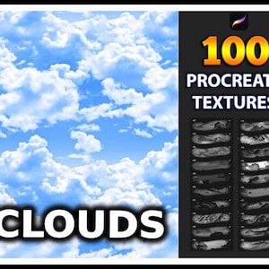 May include: A digital illustration of a blue sky with white clouds. The text "100 PROCREATE TEXTURES CLOUDS" is displayed on the image. The image is a preview of a digital product for use in the Procreate app.