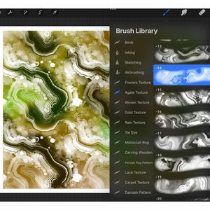 K&ouml;nnte beinhalten: Die Benutzeroberfl&auml;che eines digitalen Kunstprogramms zeigt ein farbenfrohes Achat-Textur-Design auf wei&szlig;em Hintergrund. Das Bedienfeld "Pinselbibliothek" zeigt verschiedene Texturoptionen, darunter "Achat-Textur" blau hervorgehoben, sowie Optionen wie "Gold-Textur" und "Regen-Textur".