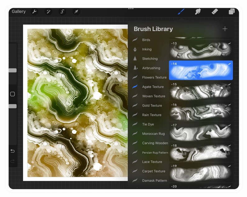 K&ouml;nnte beinhalten: Die Benutzeroberfl&auml;che eines digitalen Kunstprogramms zeigt ein farbenfrohes Achat-Textur-Design auf wei&szlig;em Hintergrund. Das Bedienfeld "Pinselbibliothek" zeigt verschiedene Texturoptionen, darunter "Achat-Textur" blau hervorgehoben, sowie Optionen wie "Gold-Textur" und "Regen-Textur".