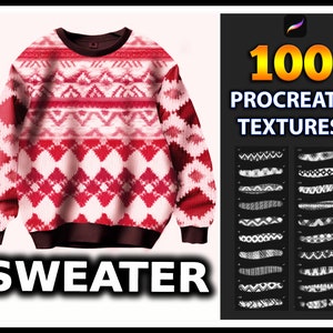 May include: A red and white patterned sweater with a black crew neck. The image also shows 100 Procreate textures.