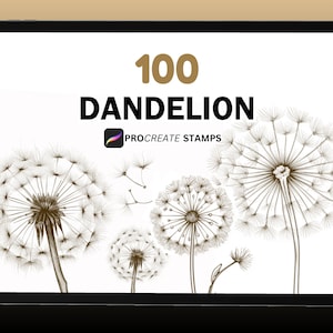 May include: A digital tablet screen displaying a set of 100 Procreate stamps featuring dandelion illustrations. The text "100 DANDELION PROCREATE STAMPS" is displayed on the screen.