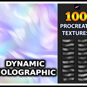 May include: A digital illustration of 100 Procreate textures with a dynamic holographic background. The textures are in grayscale and are arranged in two columns. The text "100 Procreate Textures" is in yellow and black text on a black background.
