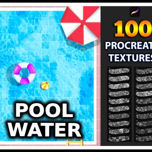 Puede incluir: Una ilustración digital de una piscina con un fondo de azulejos azules, un flotador inflable rosa y blanco, una pelota de playa amarilla y una sombrilla roja y blanca. El texto "POOL WATER" está escrito en letras negras debajo de la piscina. La imagen es parte de un conjunto de 100 texturas de Procreate.