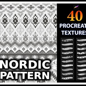 May include: 40 Procreate Textures: Nordic Pattern. A set of 40 black and white digital textures featuring a repeating geometric pattern inspired by Scandinavian design.