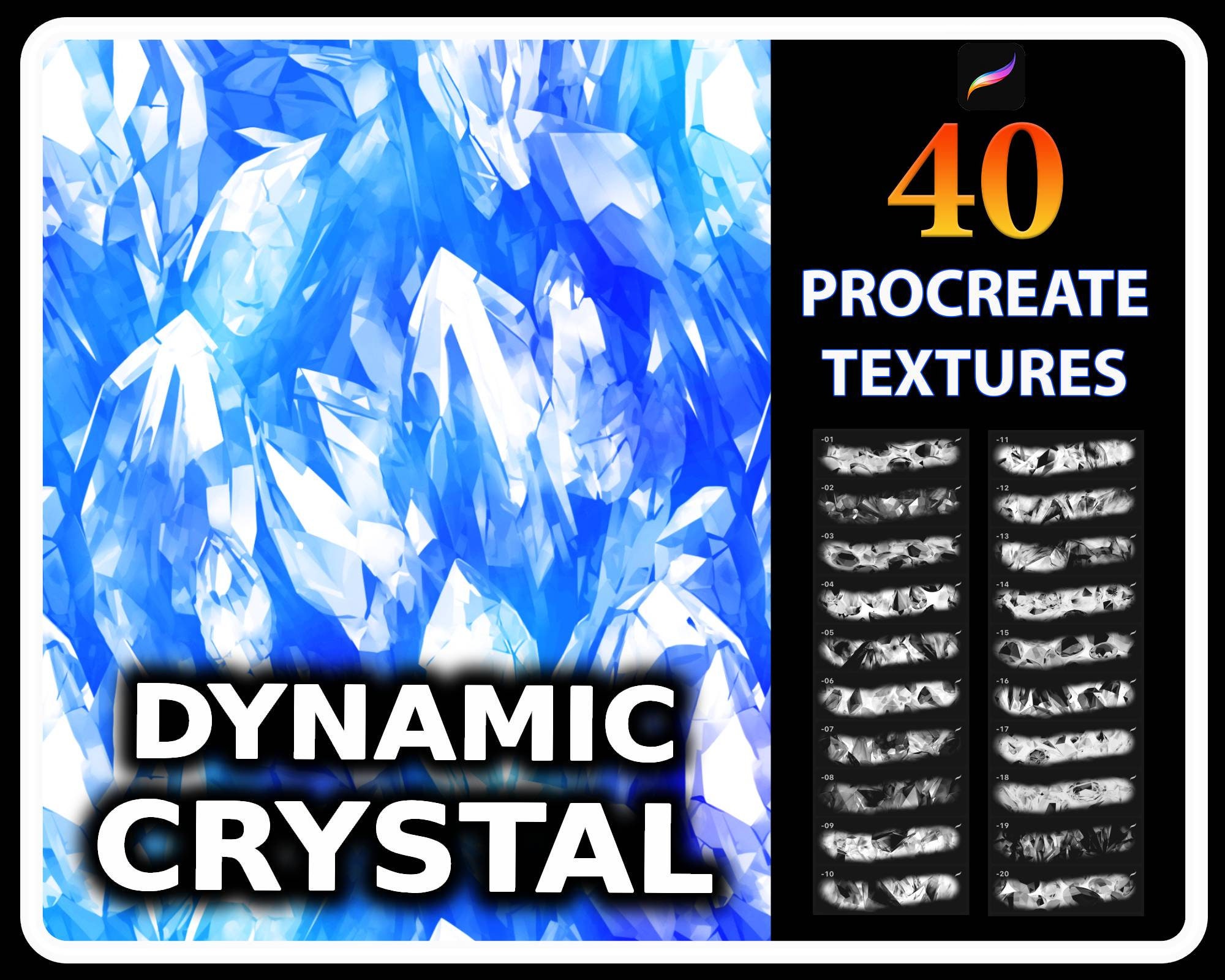 Pack de pincéis de textura de cristal para Procreate – 40 pincéis de diamante dinâmicos e cristais realistas