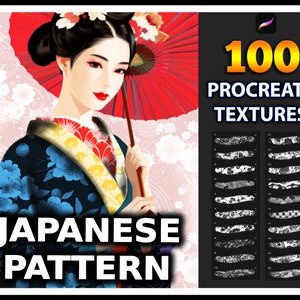 May include: Digital artwork of a geisha in a kimono holding a red umbrella. The image includes the text "Japanese Pattern" and "100 Procreate Textures" with examples of textures.