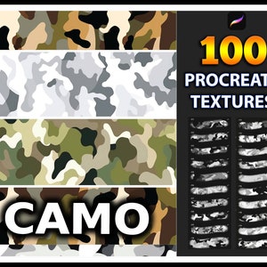 May include: 100 Procreate Textures Camo: A digital download of 100 camouflage patterns for use in the Procreate app. The patterns are in various shades of green, brown, and black.