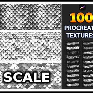 May include: A set of 100 Procreate textures featuring a variety of scales, perfect for adding realistic detail to digital art. The textures are in black and white and are arranged in rows.