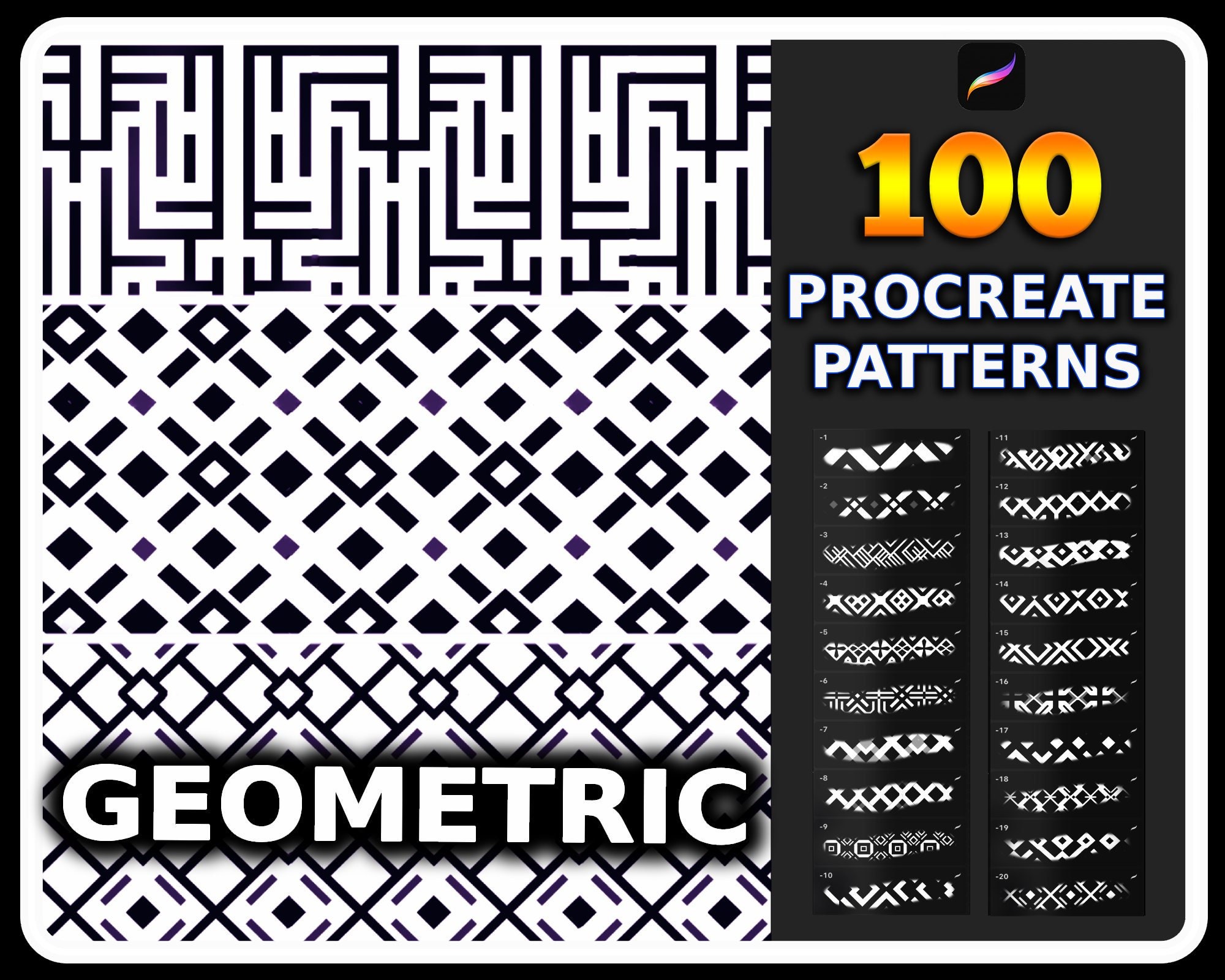 100 Geometric Procreate Brushes – Seamless Pattern Stamp Set for iPad Drawing