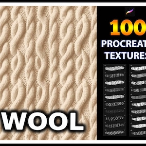 Pode incluir: Um close-up de um tecido branco de malha com um padrão de malha trançada. A imagem é rotulada como "WOOL" e "100 TEXTURAS PROCREATE".