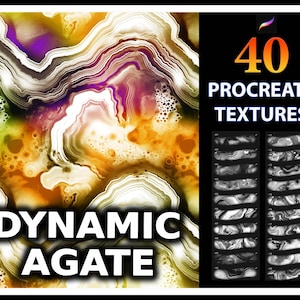 May include: Digital art product featuring a vibrant agate design in shades of yellow, orange, purple, and white. The text "DYNAMIC AGATE" is displayed prominently. The product includes "40 PROCREATE TEXTURES" with examples.