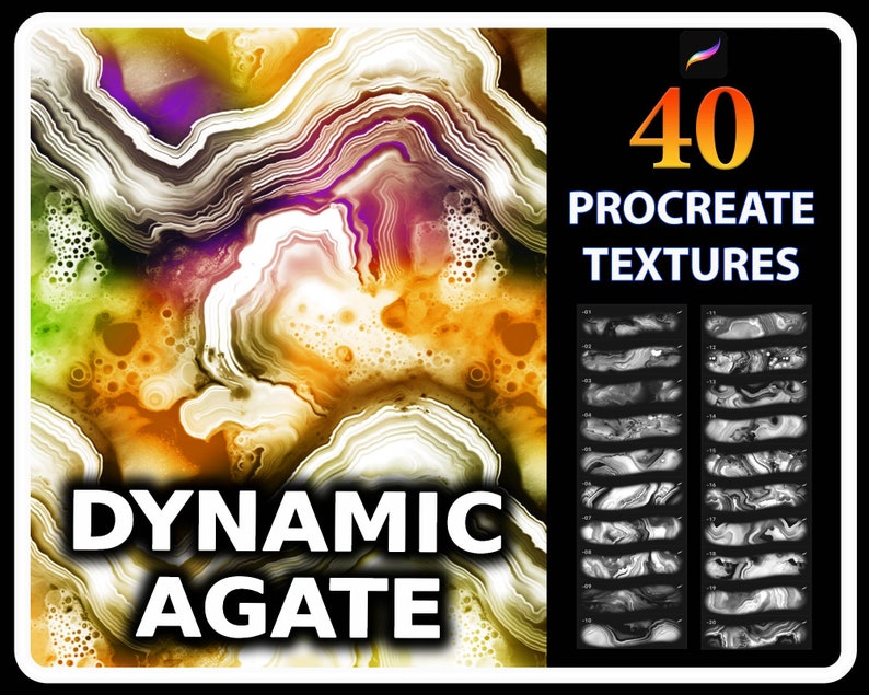 K&ouml;nnte beinhalten: Digitales Kunstprodukt mit einem lebendigen Achat-Design in Gelb-, Orange-, Lila- und Wei&szlig;t&ouml;nen. Der Text "DYNAMIC AGATE" ist prominent dargestellt. Das Produkt enth&auml;lt "40 PROCREATE TEXTURES" mit Beispielen.