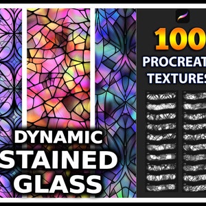 May include: 100 Procreate Textures: Dynamic Stained Glass. A set of 100 digital textures featuring colorful stained glass patterns in various styles. The textures are designed for use in Procreate, a popular digital art app.