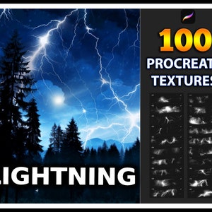 May include: 100 Procreate Textures: Lightning. A digital illustration of a stormy night sky with lightning bolts and a dark forest silhouette. The image also shows a preview of 100 white lightning textures for Procreate.
