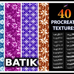 Puede incluir: 40 Texturas Procreate Batik - Un conjunto de 40 texturas digitales con intrincados patrones batik en varios colores, incluyendo azul, morado, blanco y marrón. Las texturas son perfectas para agregar un toque único y artístico a tu arte digital.
