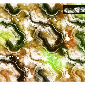 K&ouml;nnte beinhalten: Abstraktes Muster mit einem geschichteten, achat&auml;hnlichen Design. Die Farbpalette umfasst Braunt&ouml;ne, Gr&uuml;n und Wei&szlig;, mit einem Aquarelleffekt. Das Design weist organische, flie&szlig;ende Formen und ein strukturiertes Aussehen auf. Der Text "-15" ist ebenfalls vorhanden.