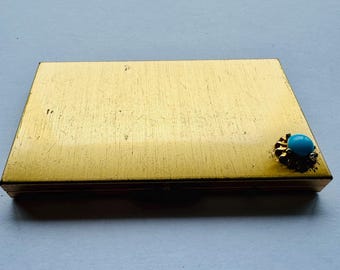 Vintage Gold Card Holder Case Red Velvet Lined Turquoise Feature