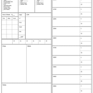May include: A blank medical chart form with sections for patient information, vital signs, medications, and notes. The form is divided into columns and rows with headings for time, value, cover, vent, LDA, drips, meds, and notes.