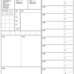 May include: A white medical chart with sections for patient information, vital signs, and medication details. The chart includes spaces for time-based entries, Accu-Check readings, and notes. It is designed for recording patient care data.
