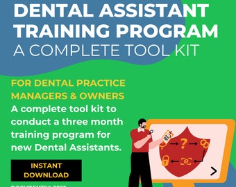 May include: A green and blue graphic with the text "Dental Assistant Training Program: A Complete Tool Kit" and a cartoon illustration of a person using a magnifying glass to examine a computer screen with a red shield and the text "→7→".