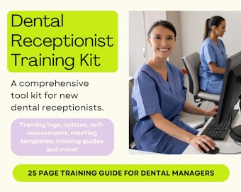 May include: A green and yellow graphic with the text "Dental Receptionist Training Kit" and a description of the kit's contents. The graphic also includes a photo of a woman in a blue uniform working at a computer.
