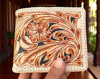 Hand-Tooled Leather Billfold: Floral Cowhide Wallet