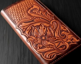 Premium Custom Tooled Leather Clutch Wallet, Deep Relief Floral Carving, Handmade Long Bifold, Romantic Gift for Her
