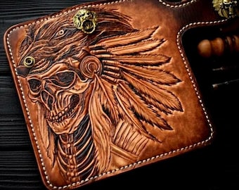 Cartera de motociclista de cuero tallada a mano: calavera grabada, regalo vintage para él