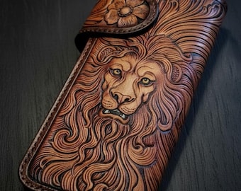 Hand Tooled Leather Wallet: Western Lion Design, Full-Grain Cowhide