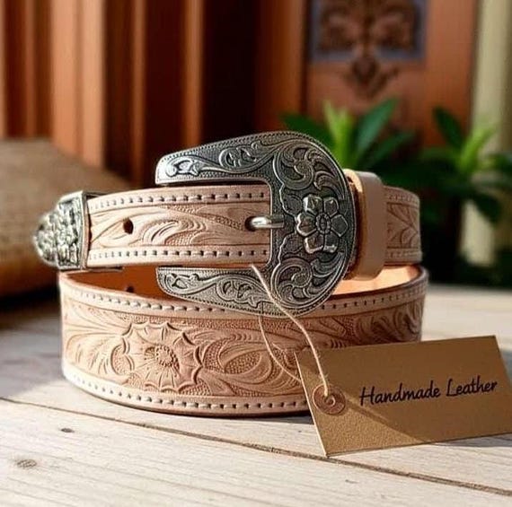 Hand Tooled Leather Belt: Thai Floral Artisan Design - Etsy display picture 3