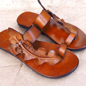 Sandali in vera pelle da uomo/donna, sandali fatti a mano in pelle marrone con foglie