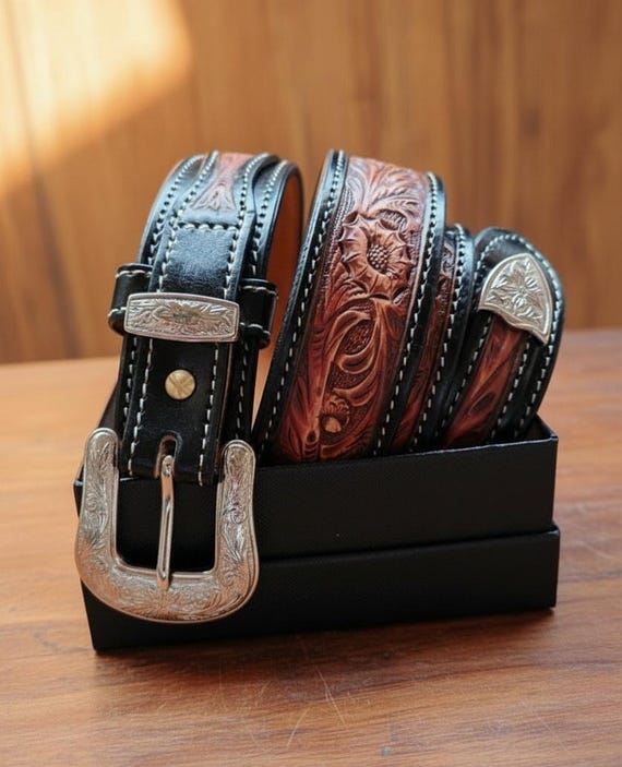 Handmade Tooled Leather Belt: Thai Floral Embossed Cowhide Gift