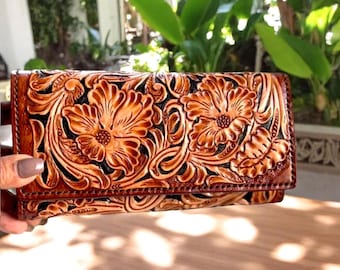 Hand Tooled Leather Wallet: Western Floral Design, Full-Grain Cowhide