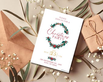 Classic Wreath Christmas Party Invitation Template (Digital Invitation)